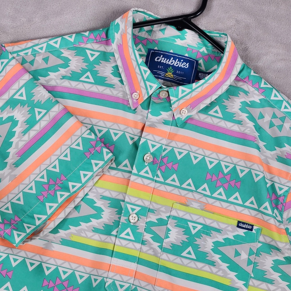 Chubbies Shirt Mens Medium Multicolor Geometric Stretch Short Sleeve Button Up